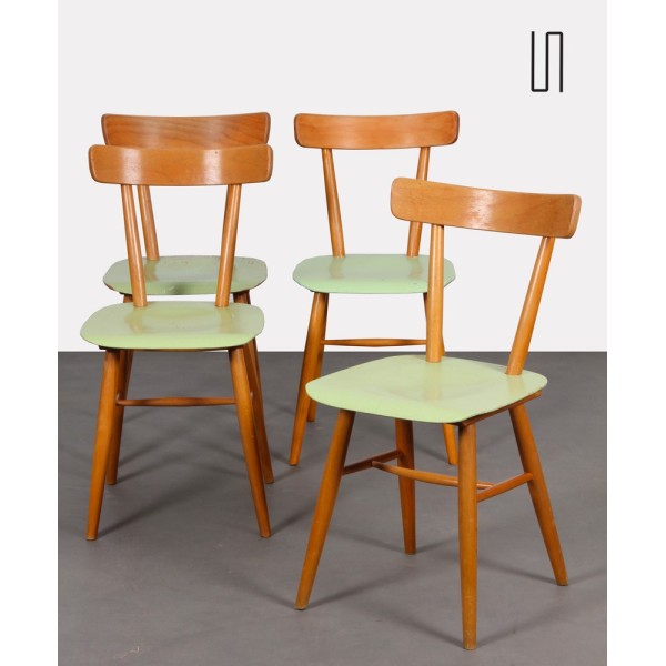 Suite de 4 chaises vertes éditées par Ton, vers 1960 - Design d'Europe de l'Est