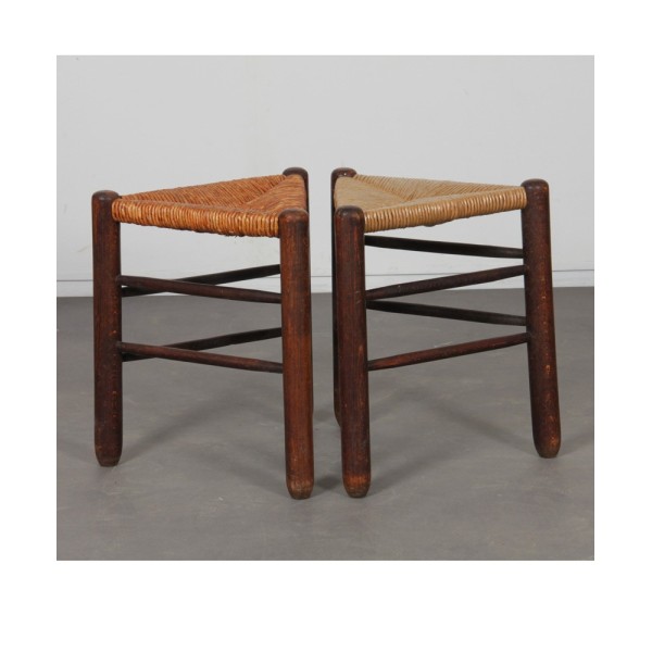 Pair of tripod straw stools from the 1960s - 