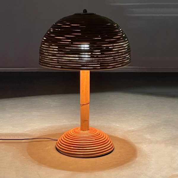 Lampe à poser en rotin, bambou et laiton, 1960 - 