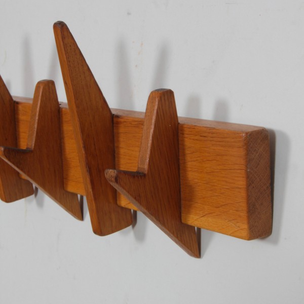 1950s oak wall coat rack - 