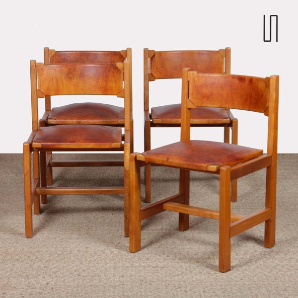 Ensemble de 4 chaises Maison Regain en orme et cuir, 1980 - 