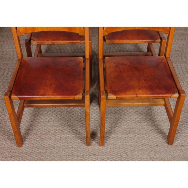 Set of 4 Maison Regain elm and leather chairs, 1980s - 