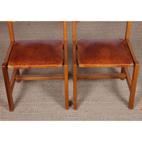Set of 4 Maison Regain elm and leather chairs, 1980s - 