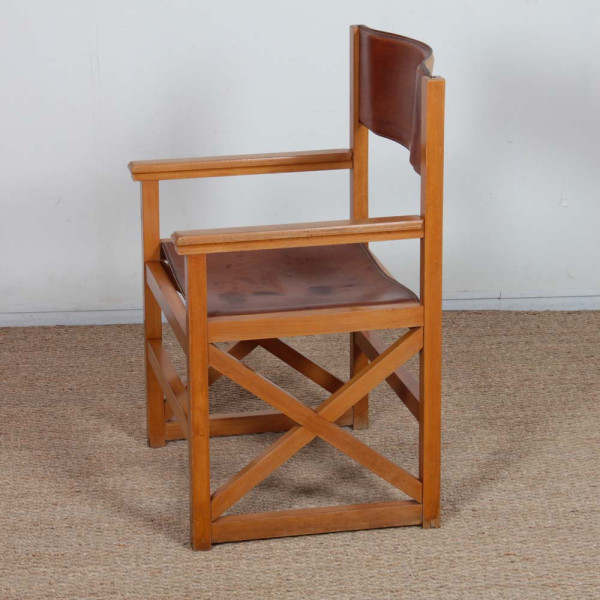Vintage solid wood and leather bridge chair, 1980 - 