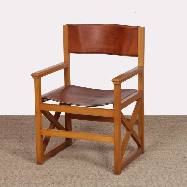 Vintage solid wood and leather bridge chair, 1980 - 