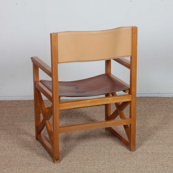 Vintage solid wood and leather bridge chair, 1980 - 