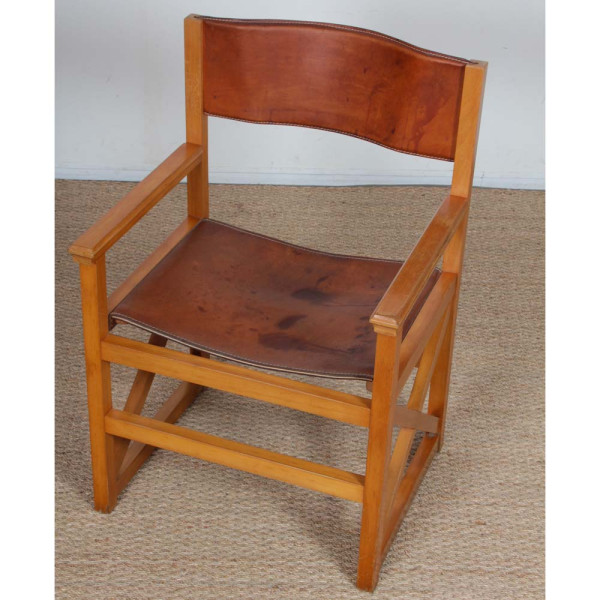 Fauteuil bridge vintage en bois massif et cuir, 1980 - 