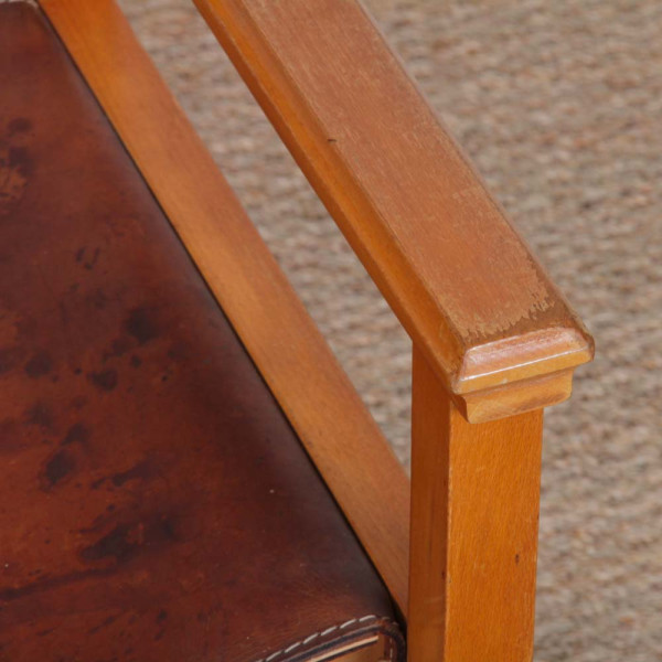 Fauteuil bridge vintage en bois massif et cuir, 1980 - 