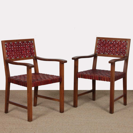Pair of 1950s bridges armchairs in wood and leather - 