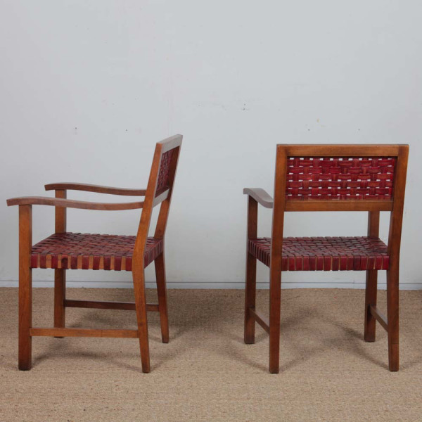 Paire de fauteuils bridges en bois et cuir des années 1950 - 