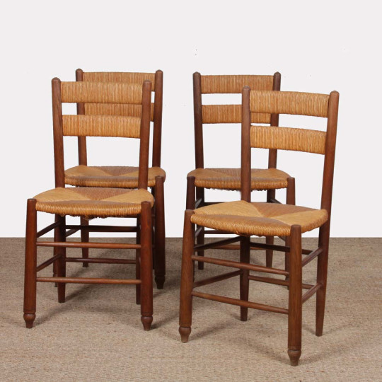 Set of 4 wooden chairs with straw seats, French craftsmanship, 1950 - 