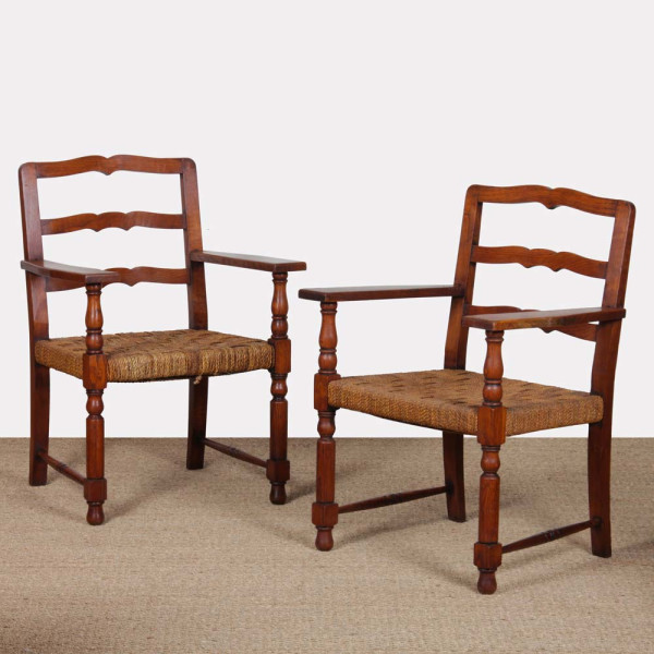 Paire de fauteuils en chêne et corde, travail français des années 1940 - 