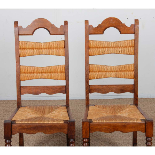 Ensemble de 6 chaises paillées et chêne massif, 1940 - 