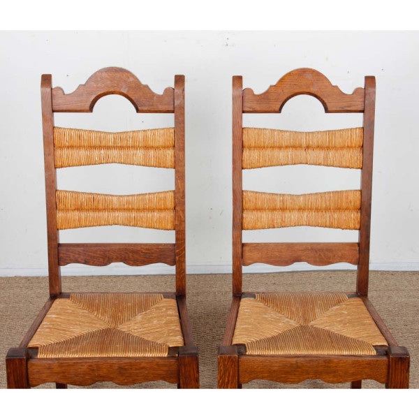 Ensemble de 6 chaises paillées et chêne massif, 1940 - 
