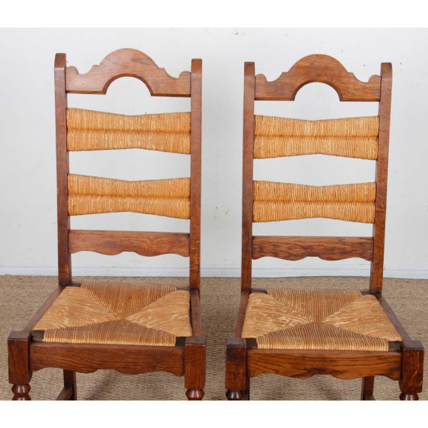 Ensemble de 6 chaises paillées et chêne massif, 1940 - 