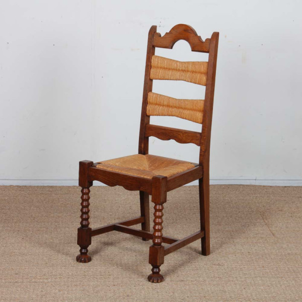 Ensemble de 6 chaises paillées et chêne massif, 1940 - 