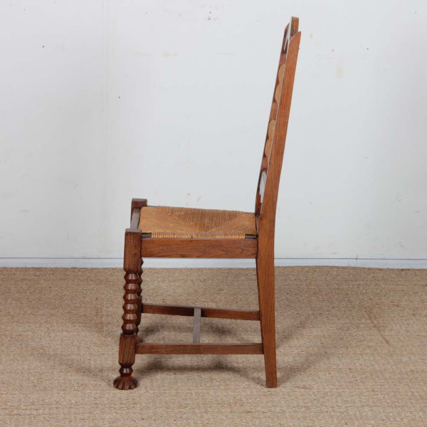 Ensemble de 6 chaises paillées et chêne massif, 1940 - 