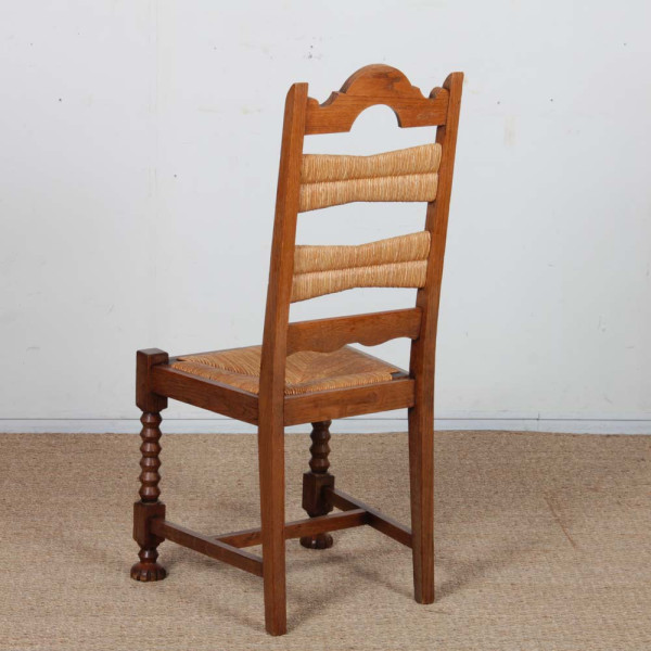 Ensemble de 6 chaises paillées et chêne massif, 1940 - 