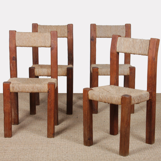 Set of 4 solid wood straw-seated chairs, 1950 - 
