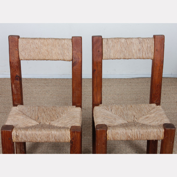 Set of 4 solid wood straw-seated chairs, 1950 - 
