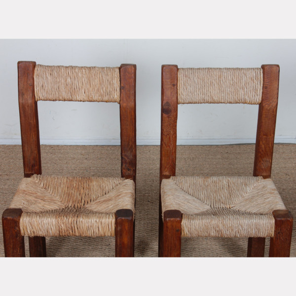 Set of 4 solid wood straw-seated chairs, 1950 - 