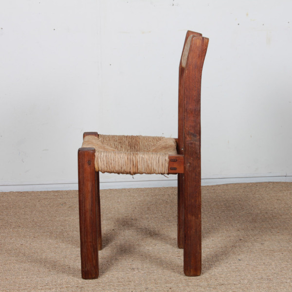 Set of 4 solid wood straw-seated chairs, 1950 - 