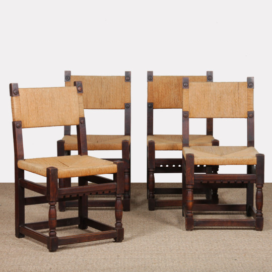 Suite de 4 chaises paillées en chêne massif, 1950 - 