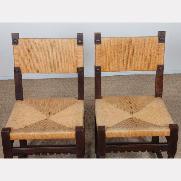 Suite de 4 chaises paillées en chêne massif, 1950 - 