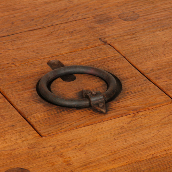 Round coffee table in solid oak and wrought iron, 1950 - 
