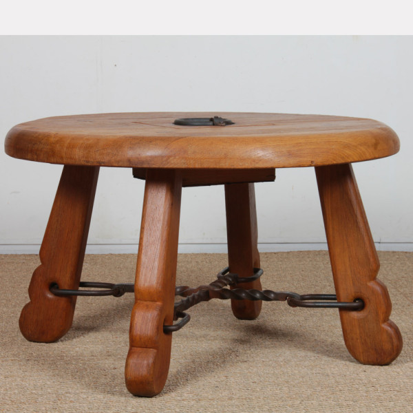 Round coffee table in solid oak and wrought iron, 1950 - 
