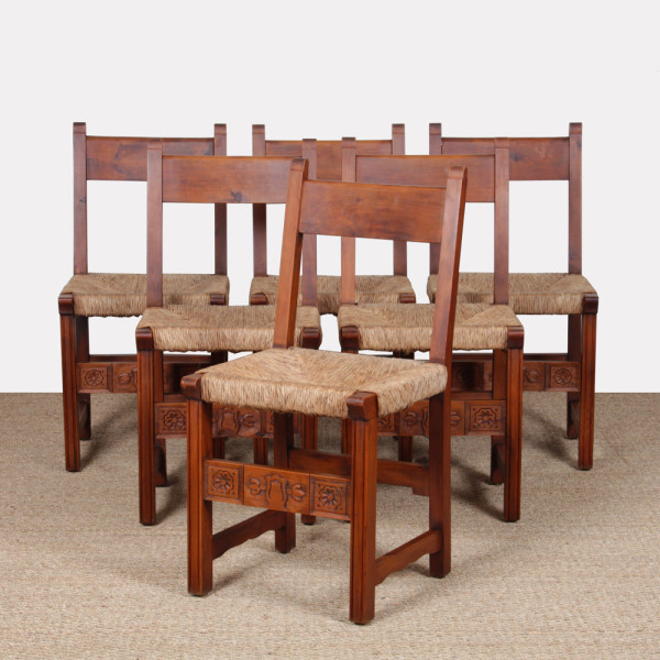 Set of 6 wooden wicker chairs, French craftsmanship, 1950 - 
