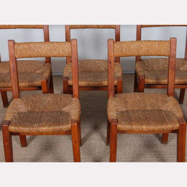 Set of 6 chairs with straw seats, made of solid elm, French craftsmanship, 1950 - 