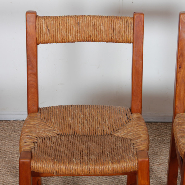 Set of 6 chairs with straw seats, made of solid elm, French craftsmanship, 1950 - 