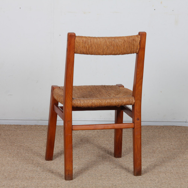 Set of 6 chairs with straw seats, made of solid elm, French craftsmanship, 1950 - 