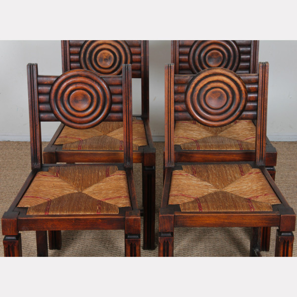 Set of 6 solid wood straw-seated chairs, made in France, 1940 - 