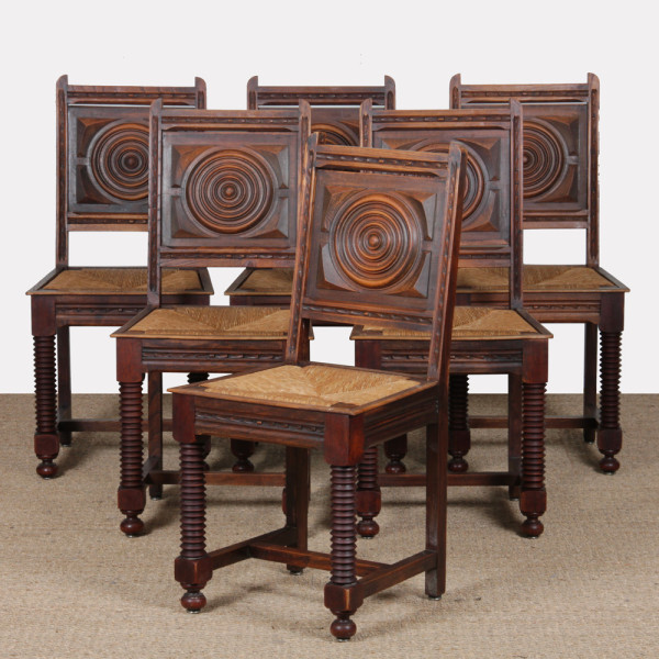Set of 6 solid wood straw-seated chairs, French craftsmanship, 1940 - 