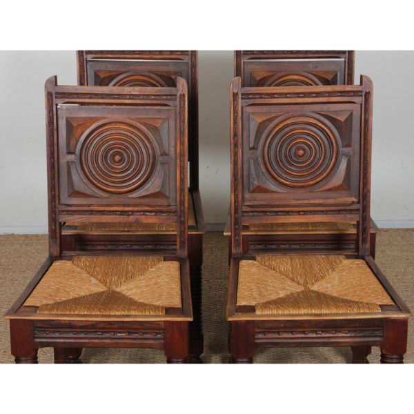 Set of 6 solid wood straw-seated chairs, French craftsmanship, 1940 - 