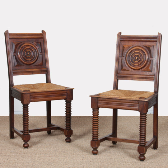 Pair of solid wood wicker chairs, French craftsmanship, 1940 - 