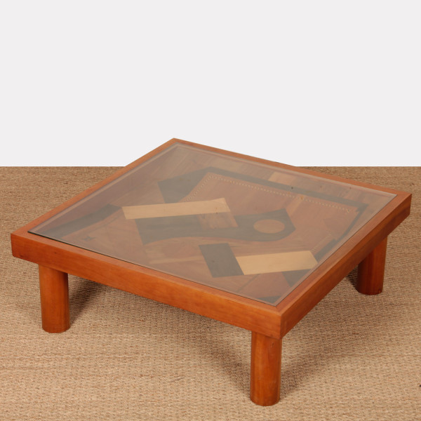 Square coffee table, handcrafted marquetry, 1985 - 