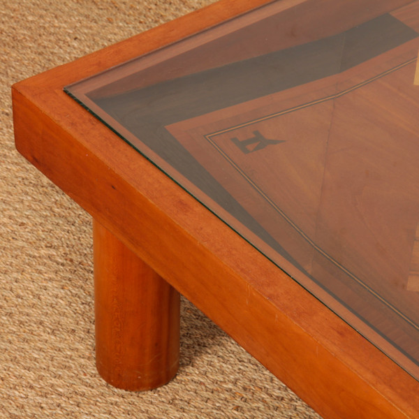 Table basse carrée, travail artisanal en marqueterie, 1985 - 