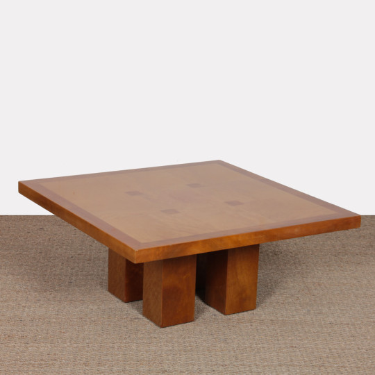 Table basse carrée en loupe de bouleau des années 1980 - 