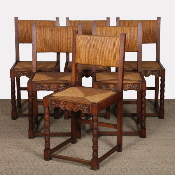 Set of 6 solid wood straw-seated chairs, French craftsmanship, 1950 - 