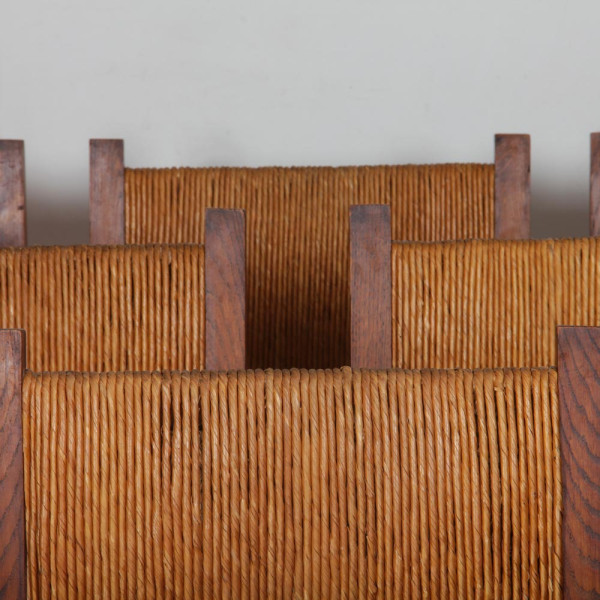 Set of 6 solid wood straw-seated chairs, French craftsmanship, 1950 - 