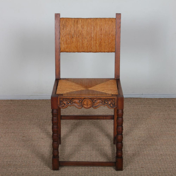 Set of 6 solid wood straw-seated chairs, French craftsmanship, 1950 - 