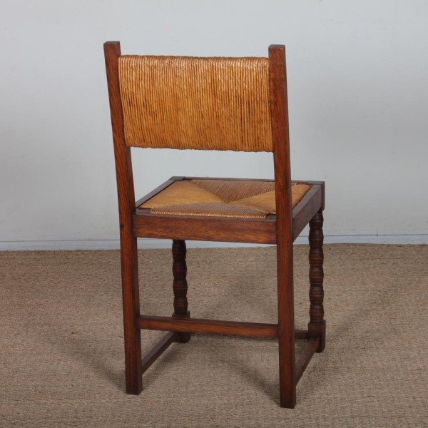 Set of 6 solid wood straw-seated chairs, French craftsmanship, 1950 - 