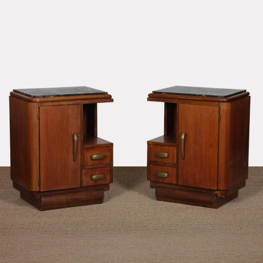 Pair of walnut and marble bedside tables from the 1940s - 