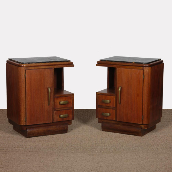 Pair of walnut and marble bedside tables from the 1940s - 