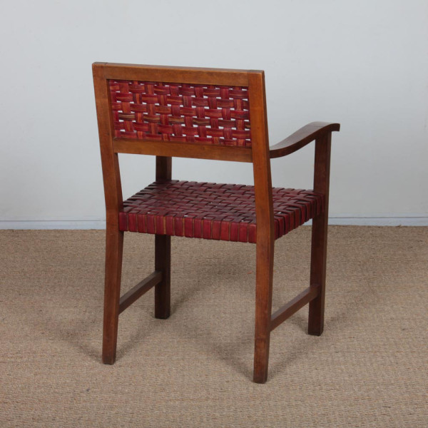 Pair of wooden and leather bridge armchairs from the 1950s - 