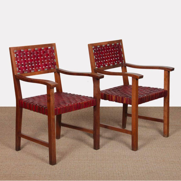 Pair of wooden and leather bridge armchairs from the 1950s - 