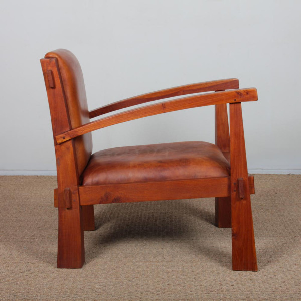 Pair of solid wood and leather armchairs from the 1980s - 